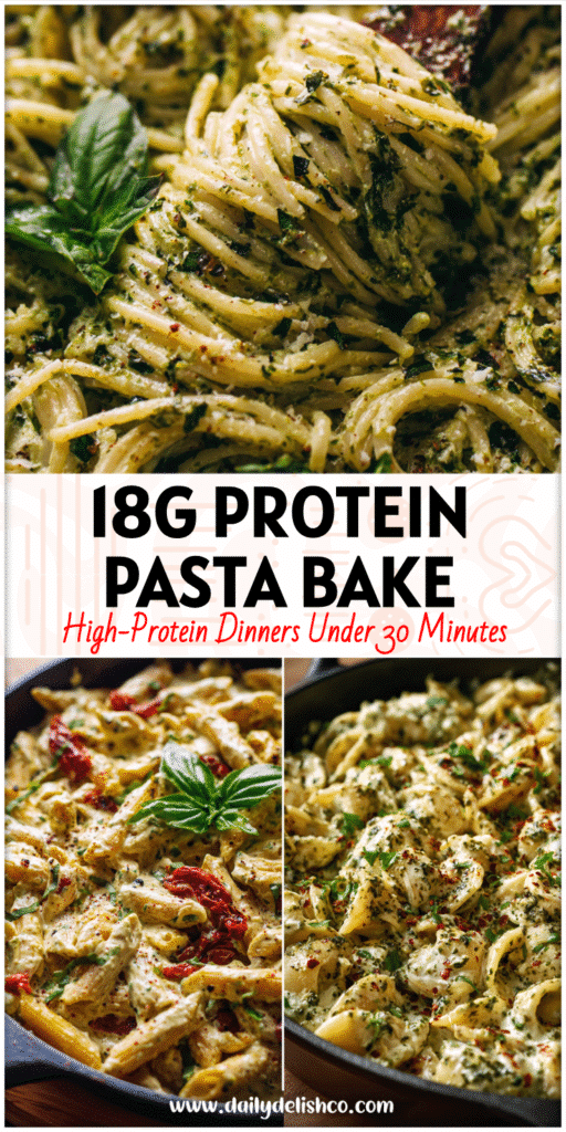 Creamy Baked Feta Pasta With Greek Yogurt And Herbs in a skillet topped with basil in a Greek Pasta Bake style